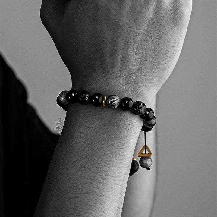 Buddha Stones Black Obsidian Lava Rock Stone Yin Yang Strength Bracelet