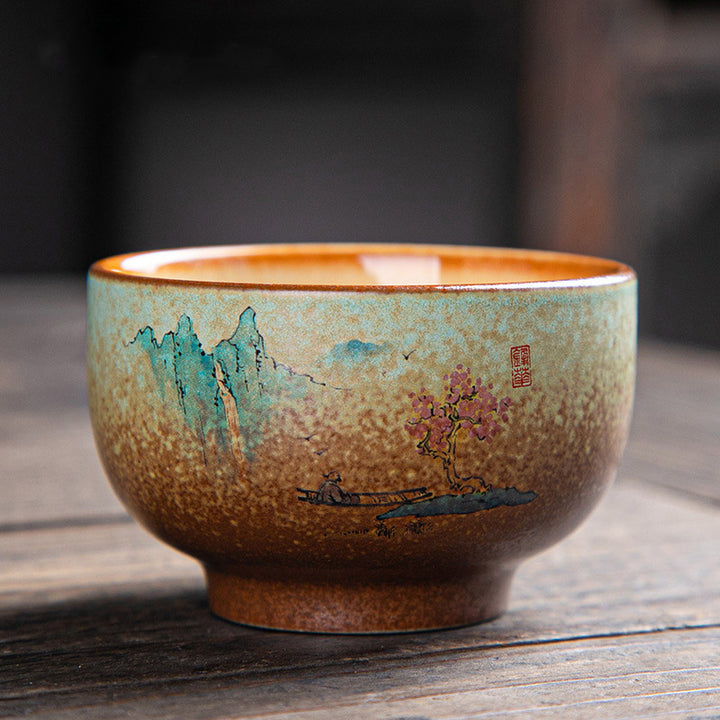 Buddha Stones Colorful Deer Pipa Snow Plum Blossoms Mountains Rivers Bird Ceramic Teacup Kung Fu Tea Cup Bowl