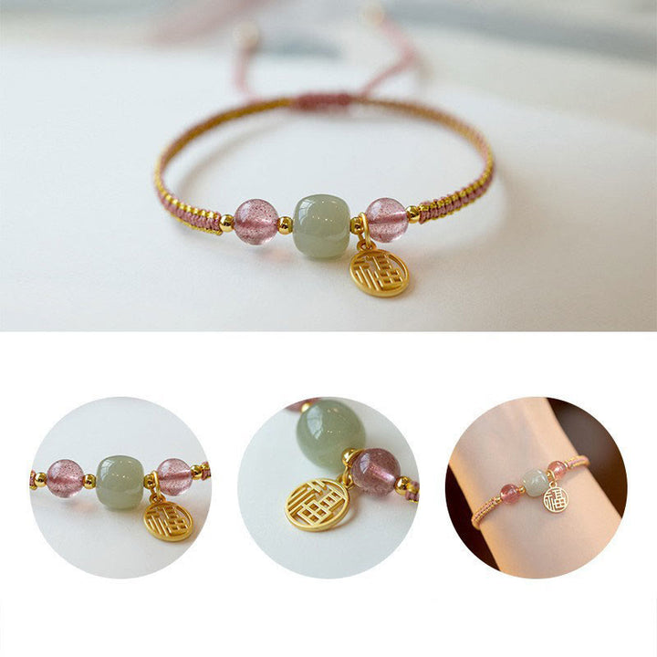 Buddha Stones Handmade Strawberry Quartz Hetian Jade Bead Fu Character Healing Bracelet