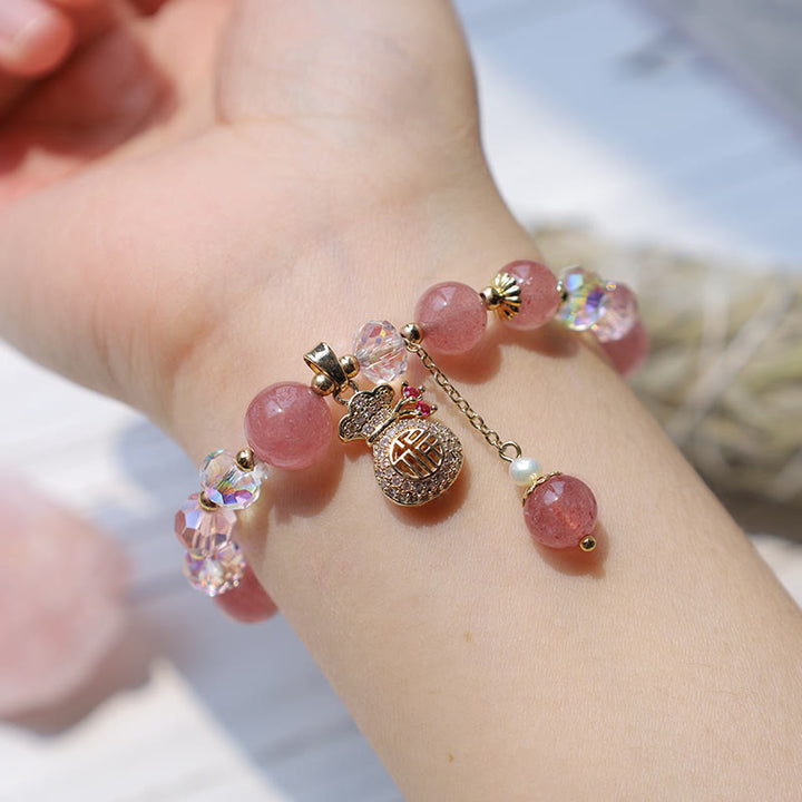 FREE Today: Love Healing Natural Strawberry Quartz Crystal Money Bag Charm Positive Bracelet