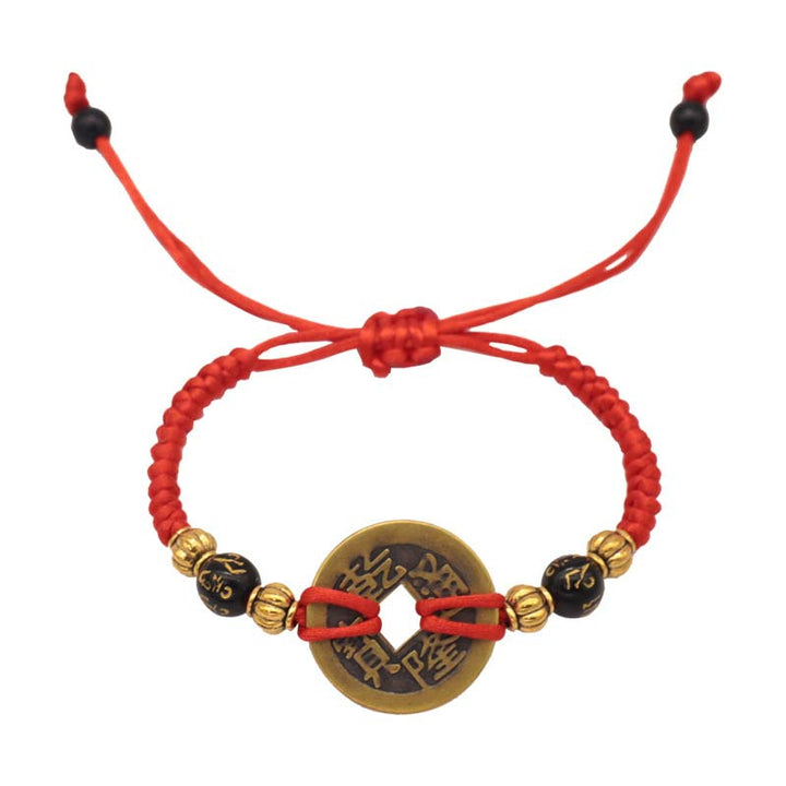 Buddha Stones Copper Coin Fortune Red String Weave Bracelet