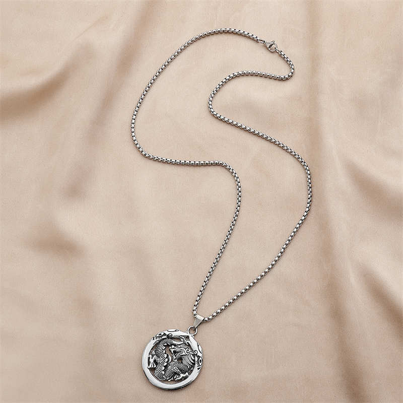 Round Dragon Pattern Titanium Steel Protection Necklace Pendant