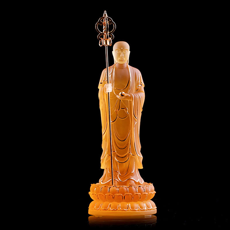 Buddha Stones Handmade Ksitigarbha Bodhisattva Figurine Liuli Crystal Art Piece Serenity Statue Home Decoration