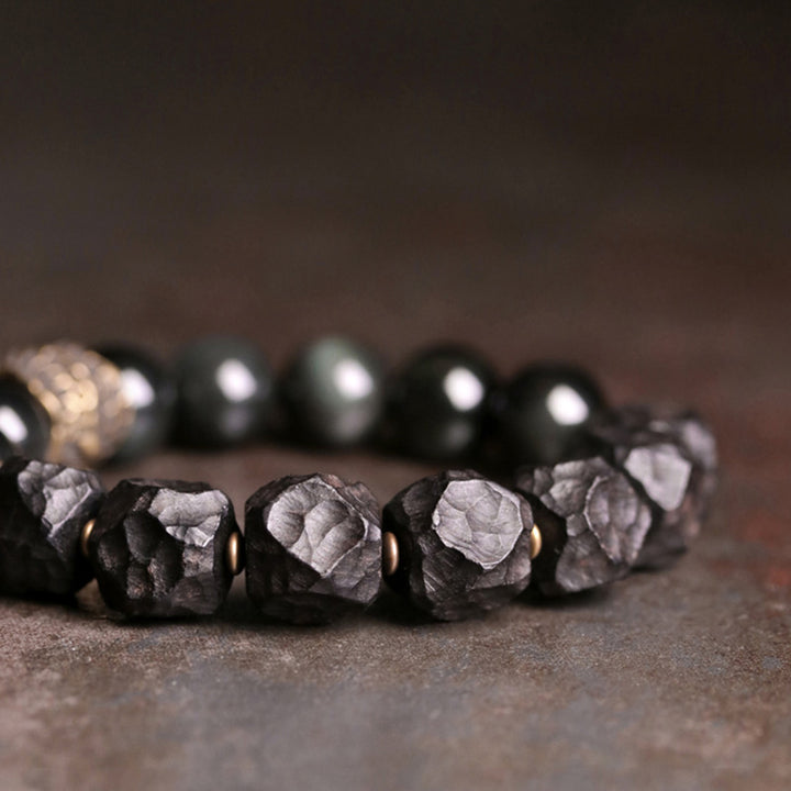 Buddha Stones Black Obsidian Ebony Wood Copper Strength Couple Bracelet