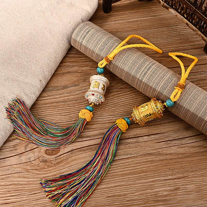 Tibet Om Mani Padme Hum Prayer Wheel Colorful Tassels Bag Car Hanging Decoration