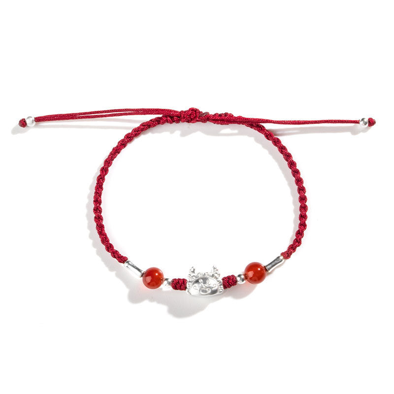 Buddha Stones 999 Sterling Silver Year of the Dragon Fu Character Dumpling Red Agate Luck Handcrafted Bracelet (Extra 30% Off | USE CODE: FS30)