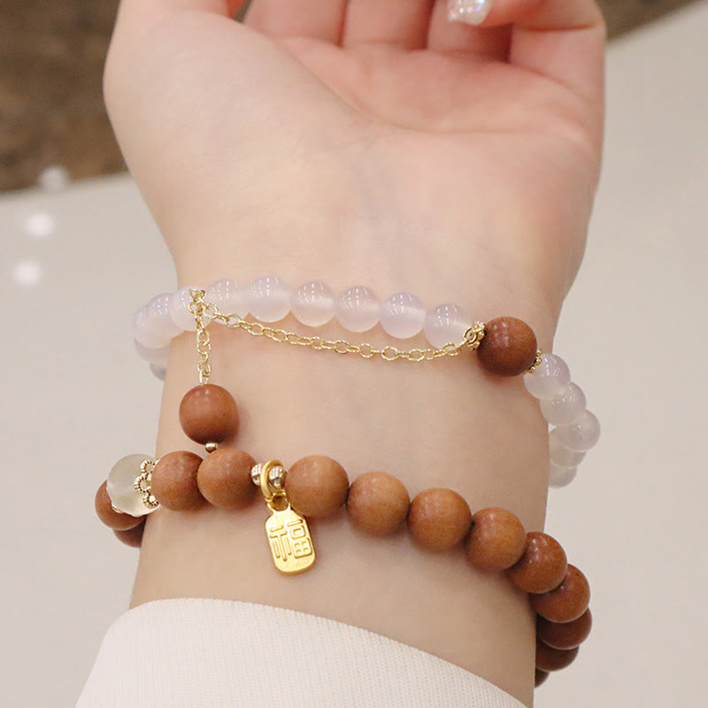 Buddha Stones Sandalwood Cat's Eye Fu Character Charm Protection Bracelet