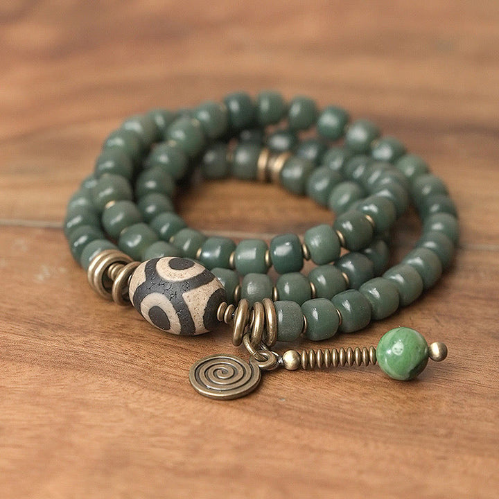 Cyan Bodhi Seed Dzi Bead Wisdom Peace Triple Wrap Bracelet