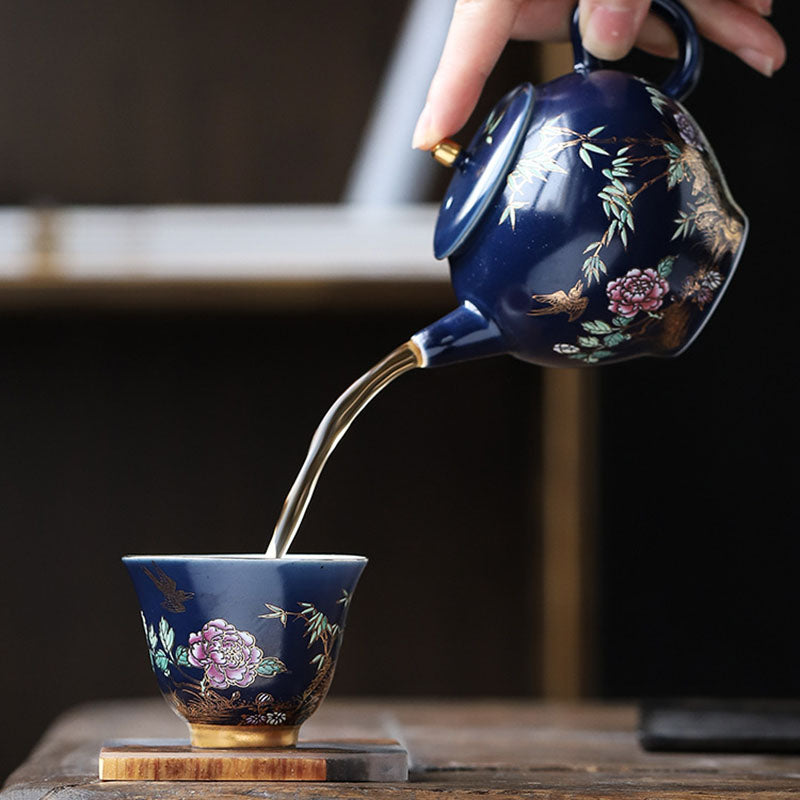 Buddha Stones Golden Magpie Peony Flower Ceramic Teacup Kung Fu Tea Cup