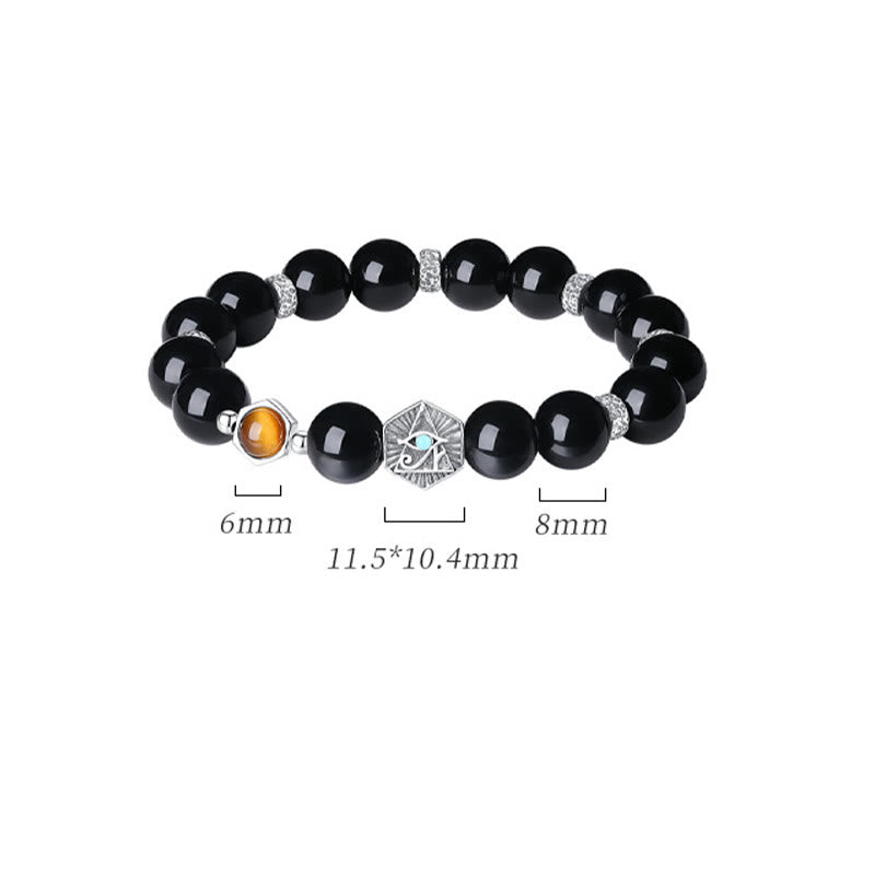 Buddha Stones 925 Sterling Silver Black Obsidian Tiger Eye Eye of Providence Purification Bracelet