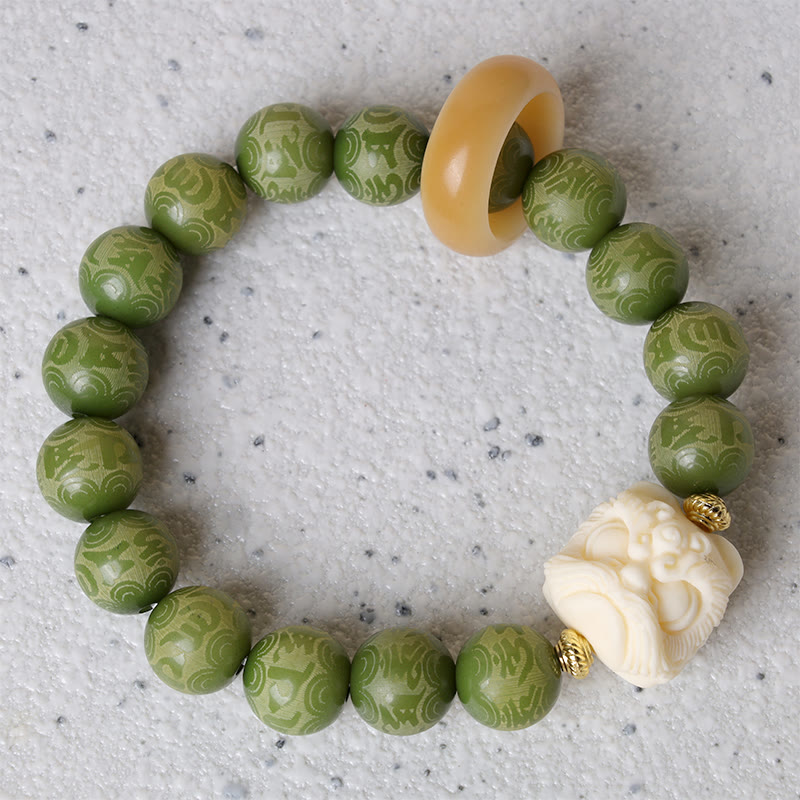 Buddha Stones Green Bodhi Seed Ivory Fruit Dancing Lion Om Mani Padme Hum Engraved Peace Bracelet