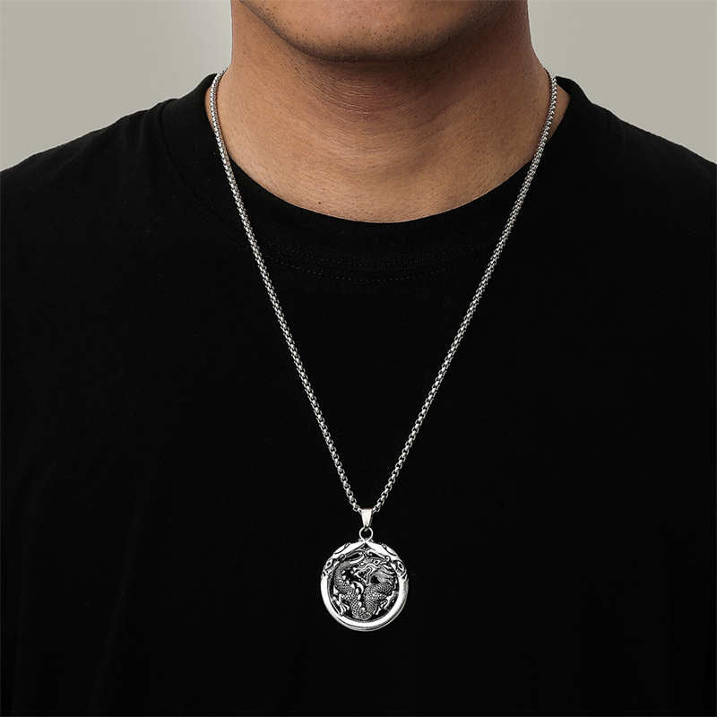 Round Dragon Pattern Titanium Steel Protection Necklace Pendant