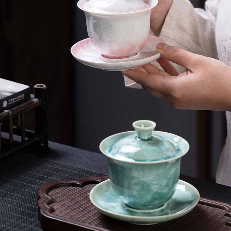 Buddha Stones Traditional Glaze Ceramic Gaiwan Sancai Teacup Kung Fu Tea Cup And Saucer With Lid 180ml