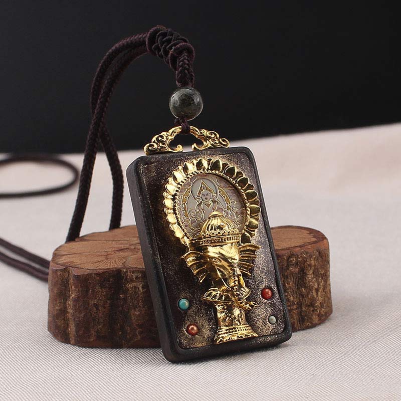 Ebony Wood Elephant God of Fortune Buddha Blessing Necklace String Pendant