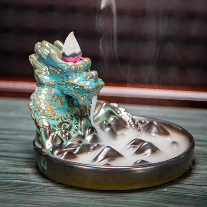 Dragon Pattern Ceramic Backflow Smoke Fountain Incense Burner Decoration