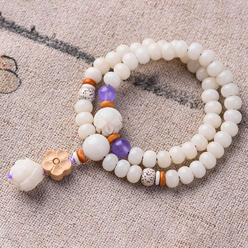 Buddha Stones Tibetan White Jade Bodhi Lotus Blessing Bracelet