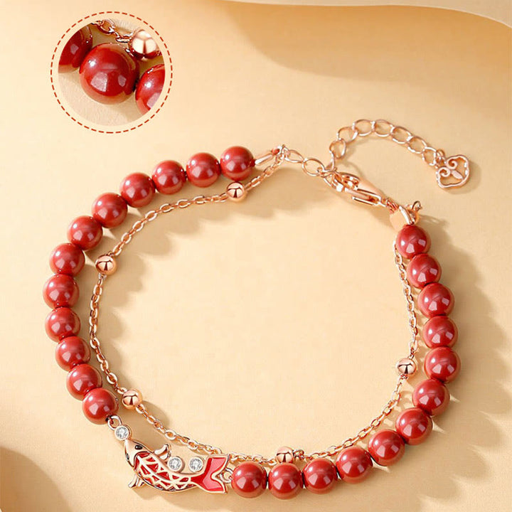 Buddha Stones 925 Sterling Silver Lucky Koi Fish Cinnabar Zircon Prosperity Double Layer Chain Bracelet