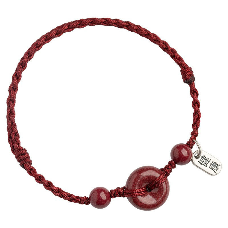 Buddha Stones Handmade Cinnabar Peace Buckle Safe and Healthy Charm Blessing String Bracelet Anklet