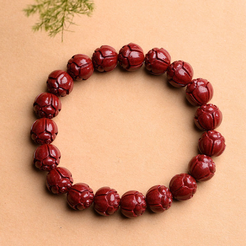 Buddha Stones Natural Cinnabar Om Mani Padme Hum Fret Pattern Lotus Blessing Bracelet