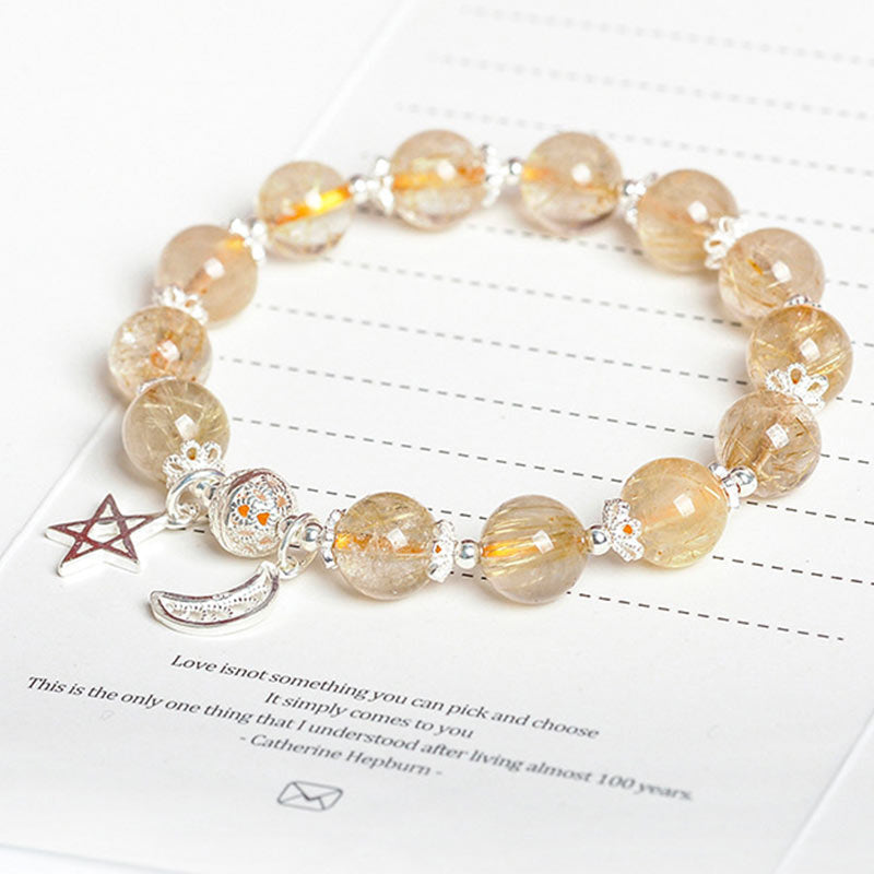 925 Sterling Silver Natural Citrine Happiness Moon Star Charm Bracelet