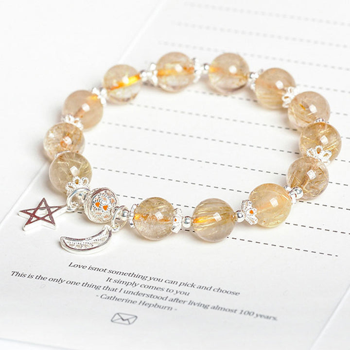 925 Sterling Silver Natural Citrine Happiness Moon Star Charm Bracelet