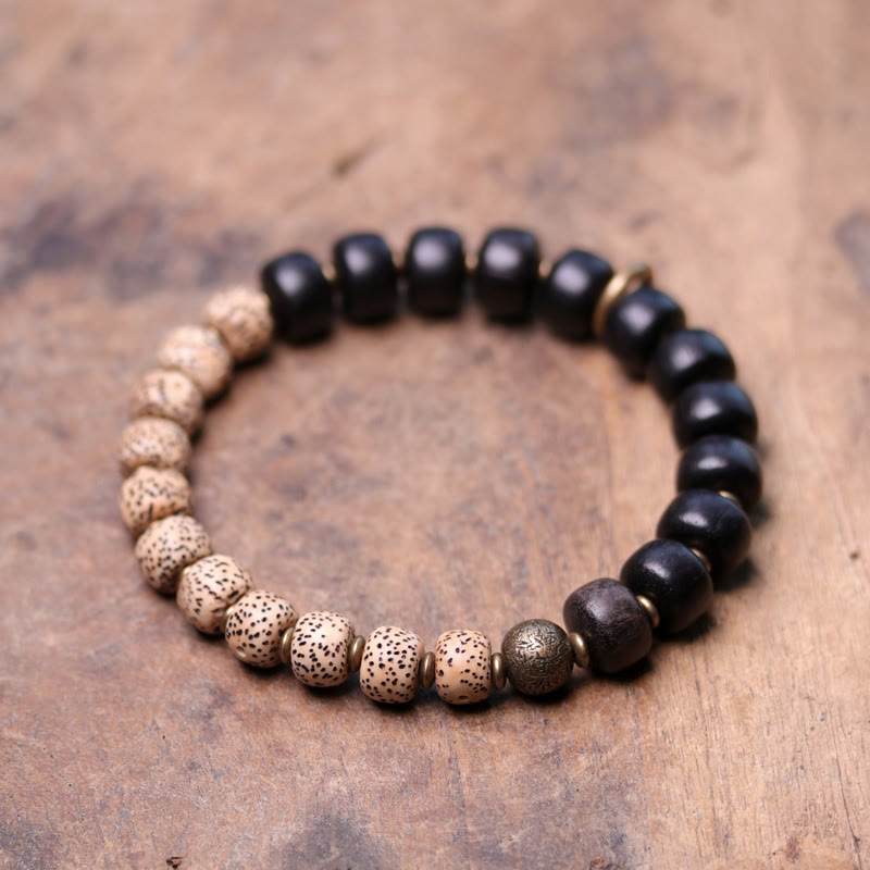 Buddha Stones Tibetan Bodhi Seed Black Obsidian Ebony Wood Copper Peace Bracelet