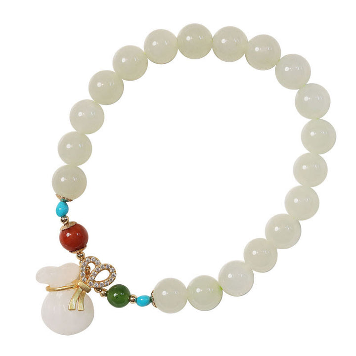 Buddha Stones Natural Hetian White Jade 14K Gold Plated Money Bag Blessing Bracelet