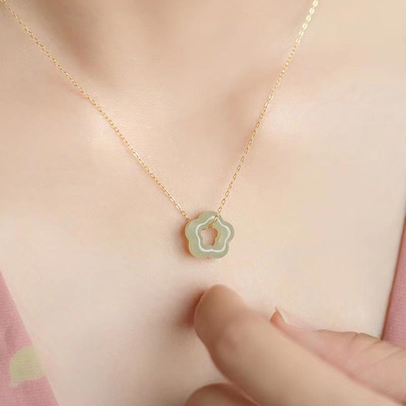 Buddha Stones Dainty Hetian Jade Cyan Jade Luck Floral Charm Necklace Pendant