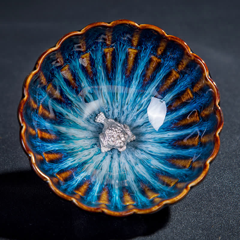 Lotus Goldfish Auspicious Dragon Phoenix Ceramic Teacup Silver Inlaid Tea Cups 130ml