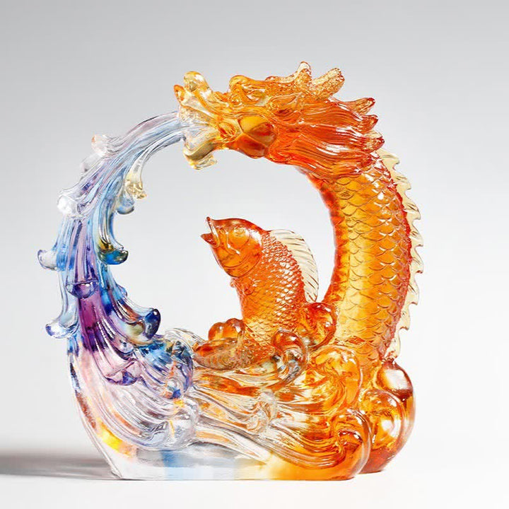 Feng Shui Dragon Koi Fish Handmade Liuli Crystal Art Piece Home Office Decoration