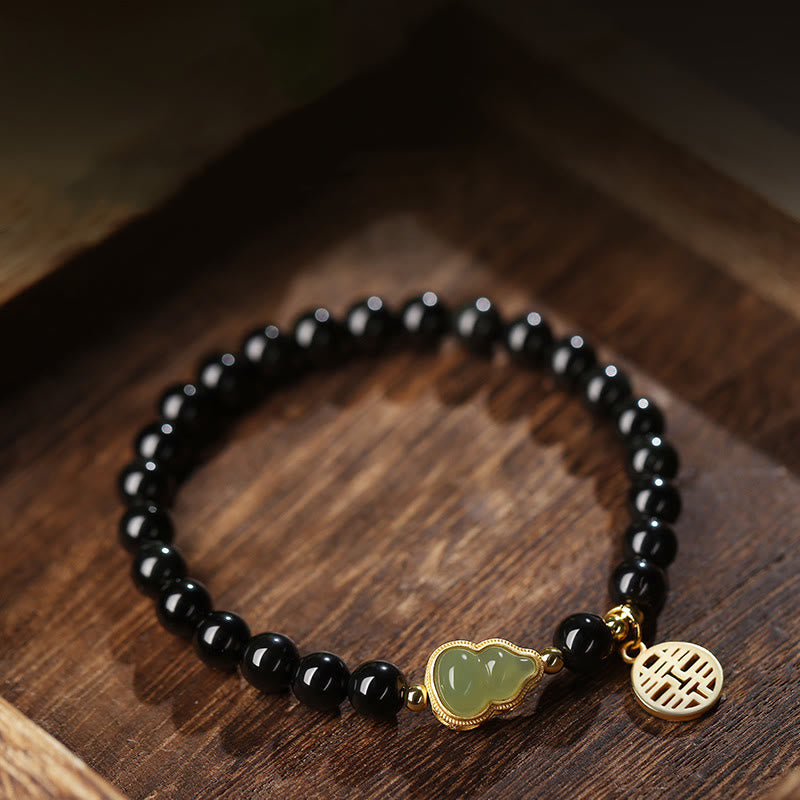 Natural Black Obsidian Hetian Jade Gourd Double Happiness Strength Bracelet