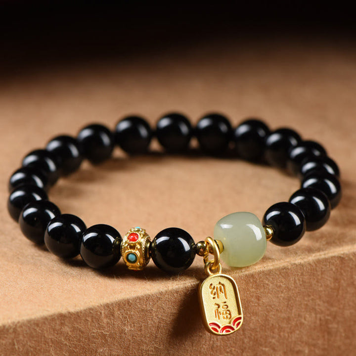 Buddha Stones Black Onyx Hetian Jade Bead Lucky Fortune Charm Bracelet