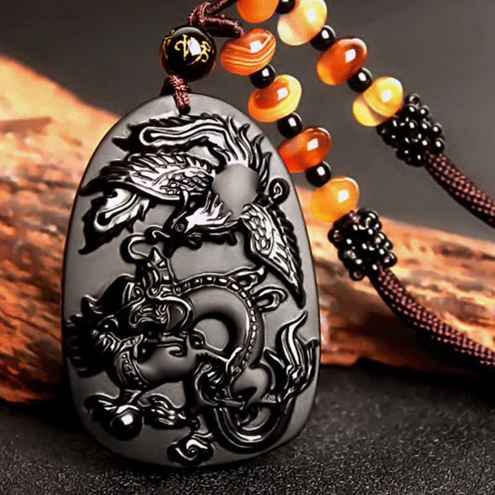 Black Obsidian Tiger Eye Dragon Phoenix Protection Beaded Necklace Pendant