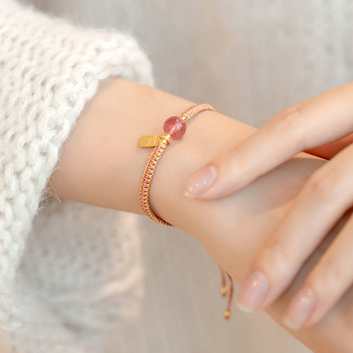 Buddha Stones Handmade Strawberry Quartz Hetian Jade Bead Fu Character Healing Bracelet