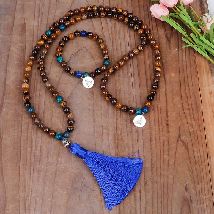 108 Mala Beads Tiger Eye Buddha Strength Bracelet Tassel Necklace Pendant