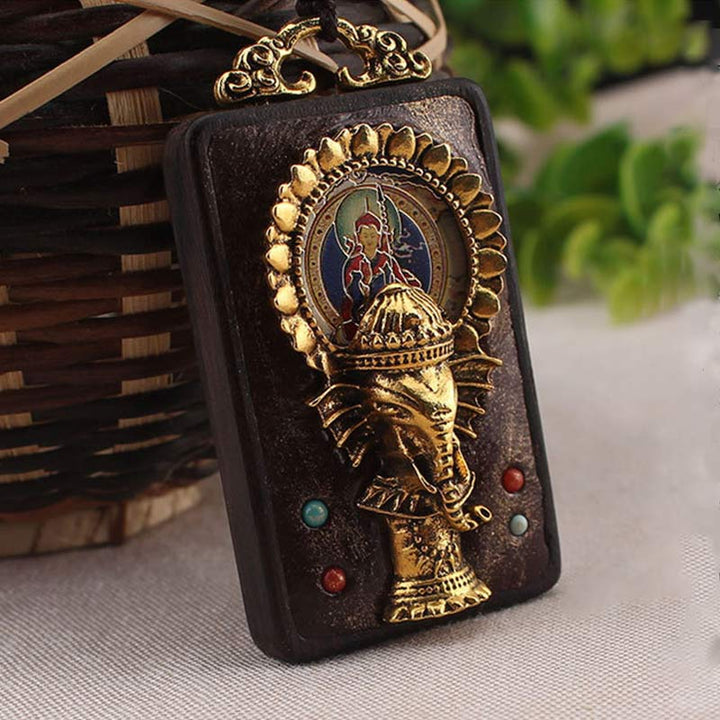 Ebony Wood Elephant God of Fortune Buddha Blessing Necklace String Pendant