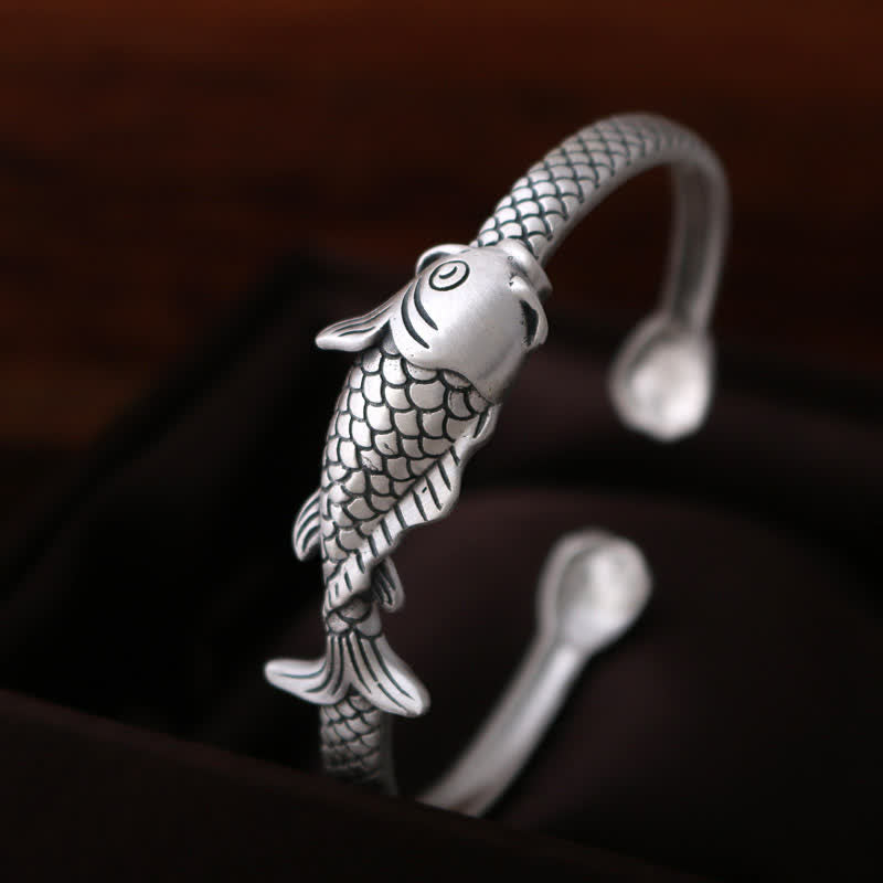 990 Sterling Silver Koi Fish Lotus Luck Wealth Bracelet Bangle