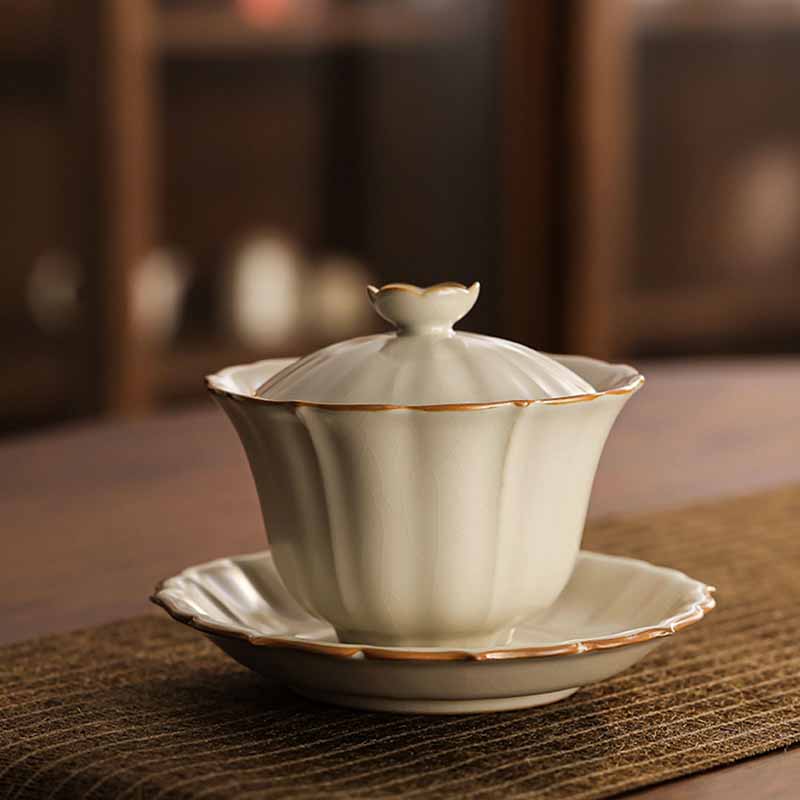 Buddha Stones Beige Plum Blossom Shape Peach Branch Ceramic Gaiwan Sancai Teacup Kung Fu Tea Cup With Lid