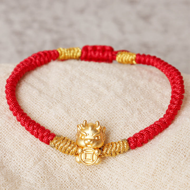 Buddha Stones 999 Sterling Silver Copper Coin Fortune Dragon Fu Character Luck Handcrafted Red String Braided Bracelet