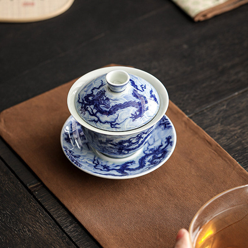 Buddha Stones Blue and White Dragon Pattern Porcelain Gaiwan Sancai Teacup Kung Fu Tea Cup And Saucer With Lid