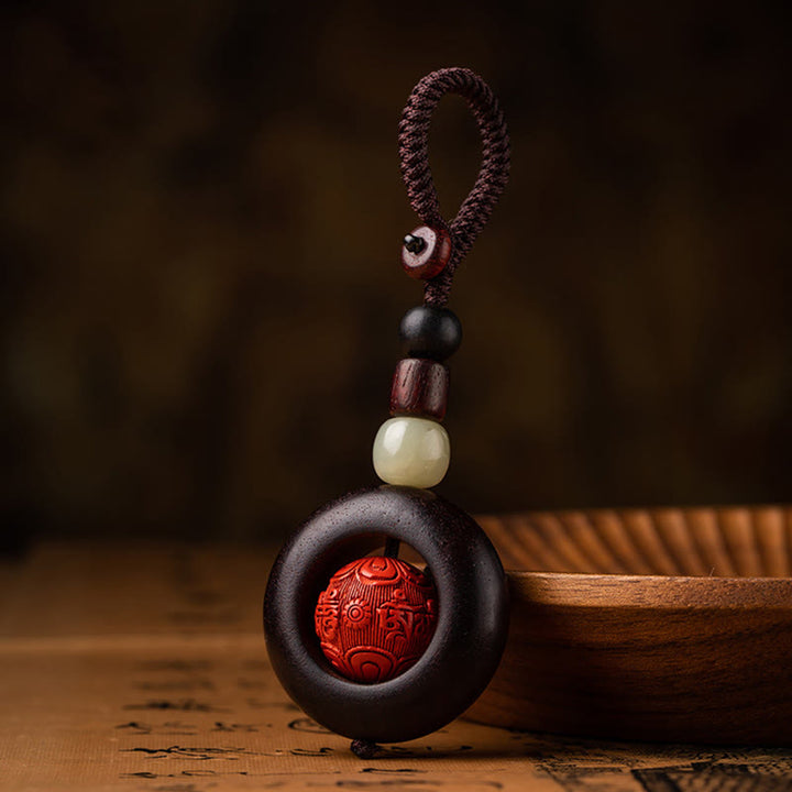 Buddha Stones Tibet Om Mani Padme Hum PiXiu Copper Coin Small Leaf Red Sandalwood Cinnabar Protection Key Chain