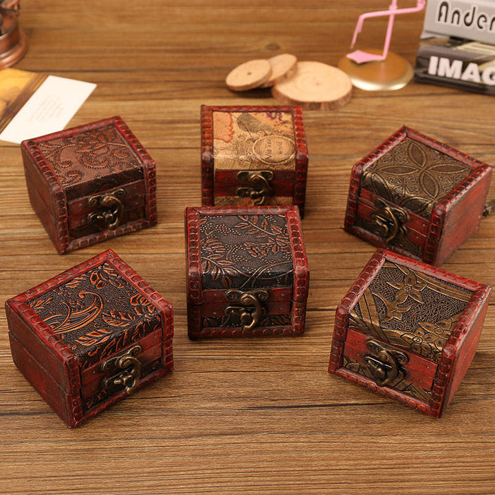 Buddha Stones Retro Small Square Wood Jewelry Box Lotus Grass Flower Grape Copper Coin Daffodil Jewelry Storage Box