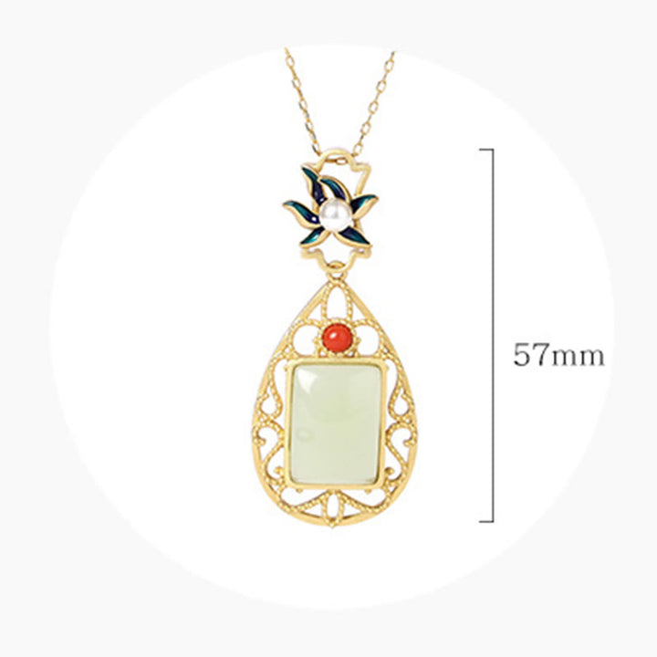 Vintage Flower Jade Plated Gold Prosperity Necklace Pendant