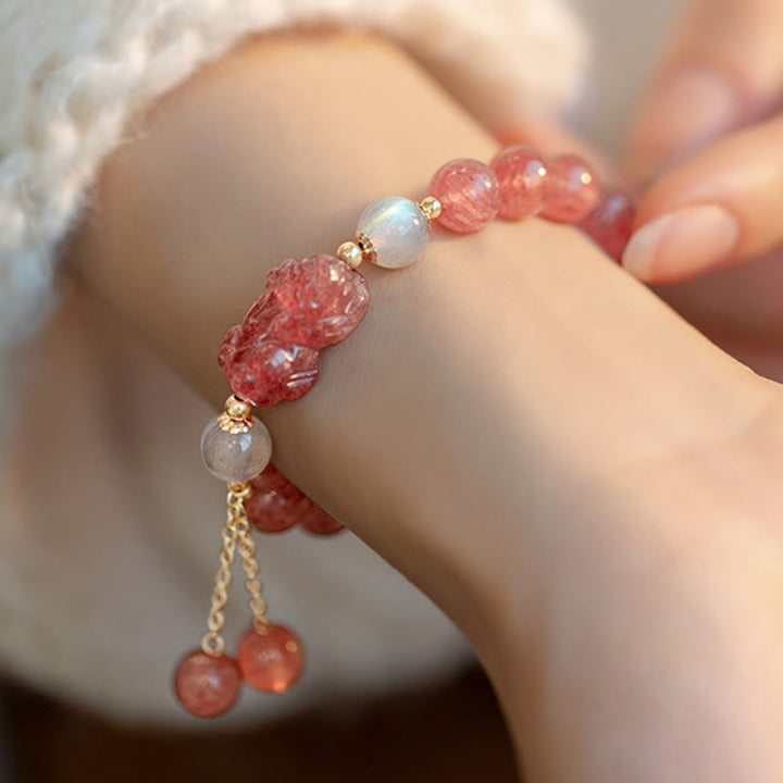 Buddha Stones Natural Strawberry Quartz Moonstone PiXiu Love Healing Bracelet