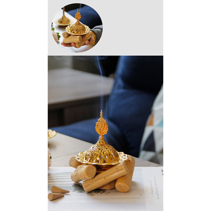 Gold Alloy Healing Mini Incense Burner With Wooden Coaster Home Decor