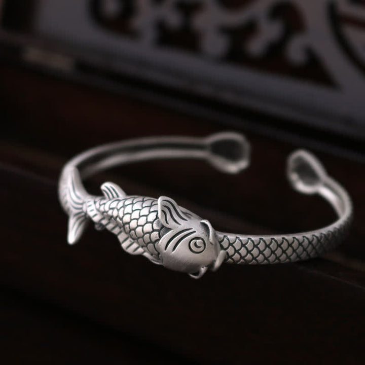 990 Sterling Silver Koi Fish Lotus Luck Wealth Bracelet Bangle