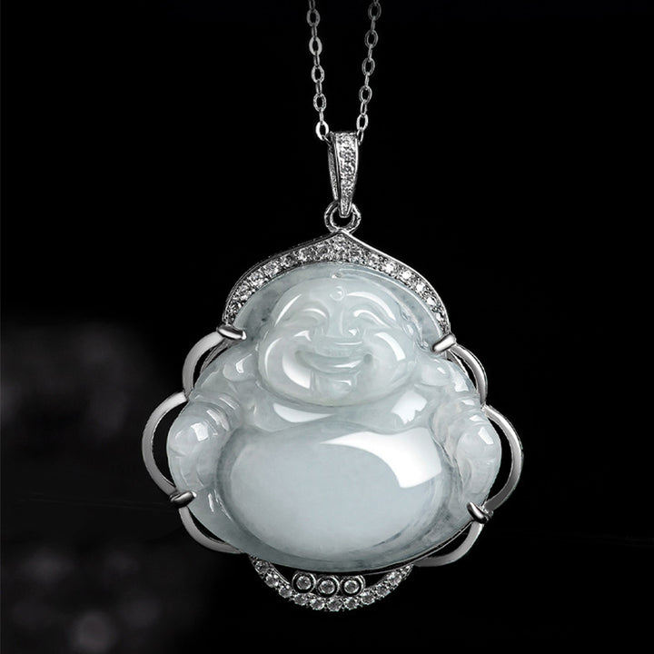 925 Sterling Silver Laughing Buddha Natural Jade Abundance Necklace Pendant