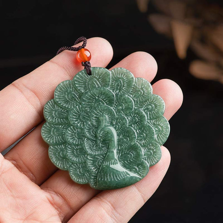 Natural Jade Peacock Luck Prosperity Necklace Pendant