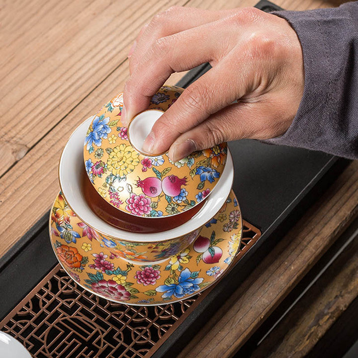 Buddha Stones Peony Flowers Ceramic Gaiwan Sancai Teacup Kung Fu Tea Cup And Saucer With Lid