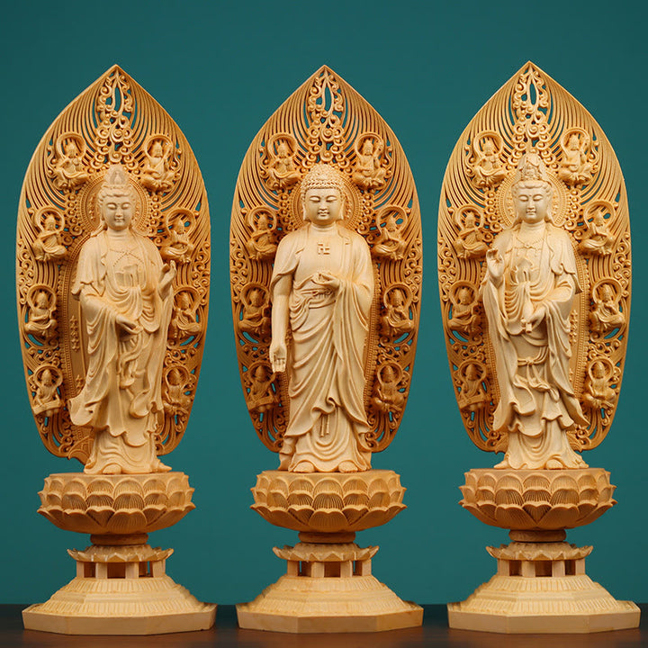 Buddha Stones Handcrafted Kwan Yin Avalokitesvara Tathagata Mahasthamaprapta Bodhisattva Statue Boxwood Abundance Decoration